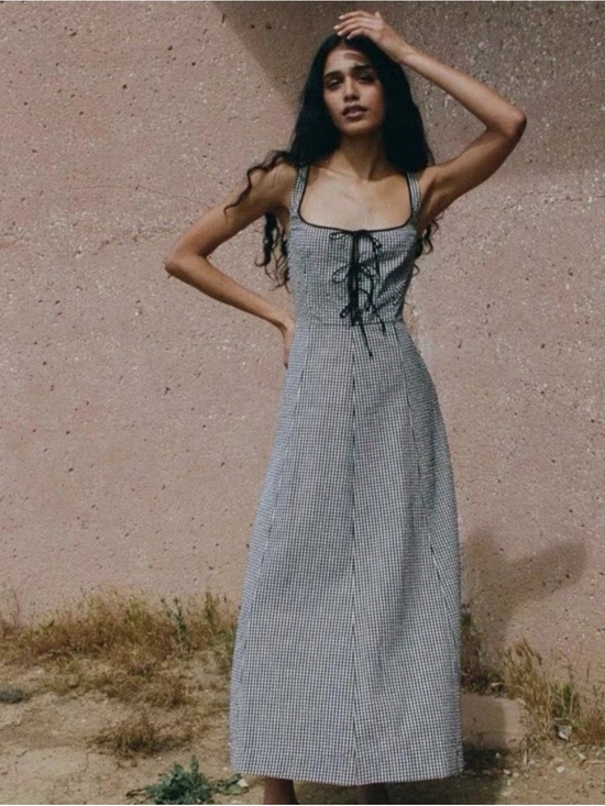 Doen Dresses & Skirts - Doen Style Gingham Midi Dress Lace Up Front Cottagecore Sundress Size Medium